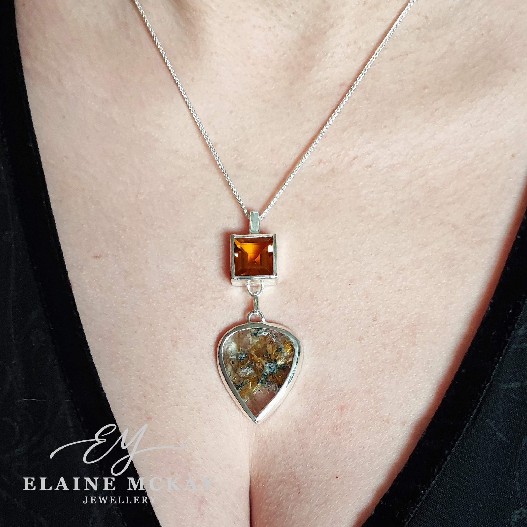Necklace with Citrine & Quartz pendant on a person's neck, branded 'Elaine McKay Jewellery