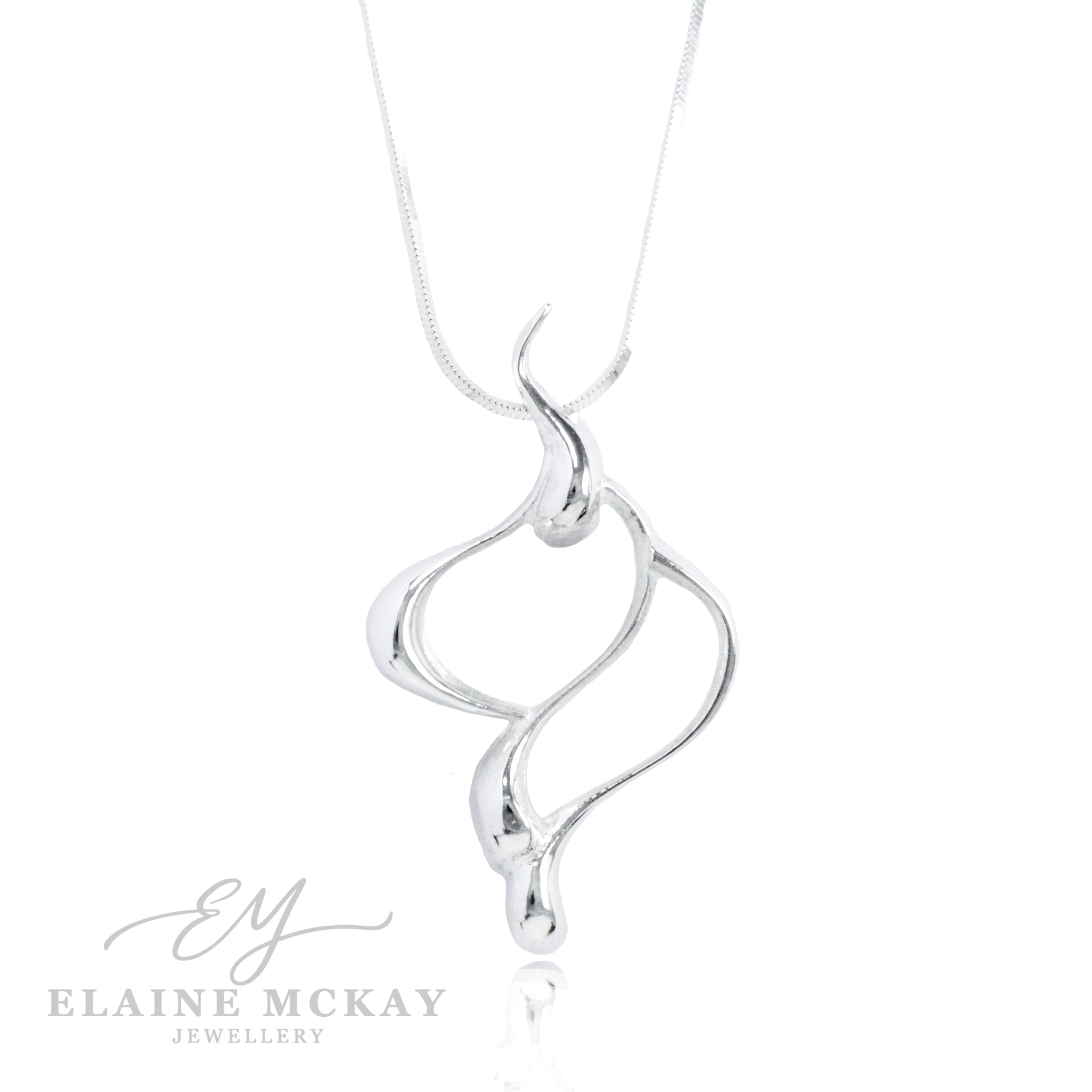 Silver necklace with a wavy pendant on a white background, branded 'Elaine McKay Jewellery'.