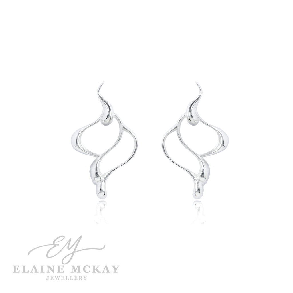 Silver wave-shaped earrings on a white background with 'Elaine McKay Jewellery' branding.
