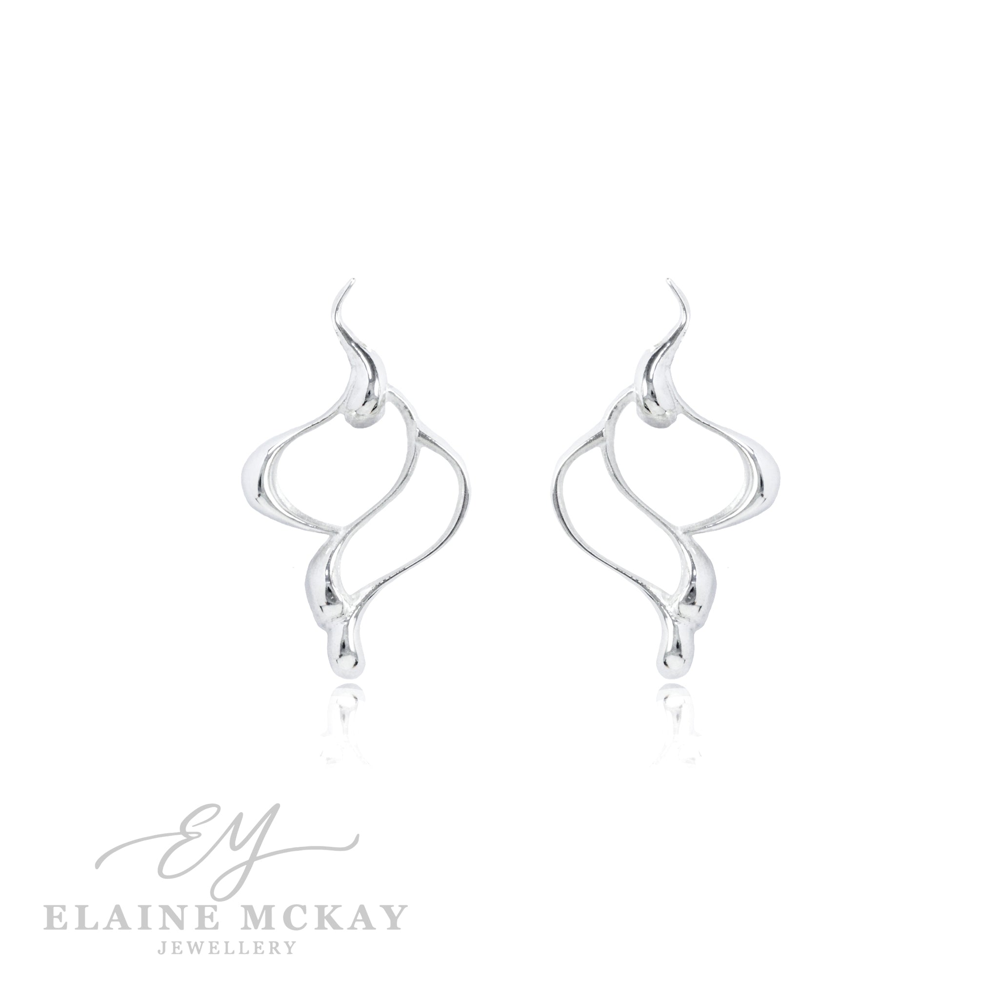 Silver wave-shaped earrings on a white background with 'Elaine McKay Jewellery' branding.