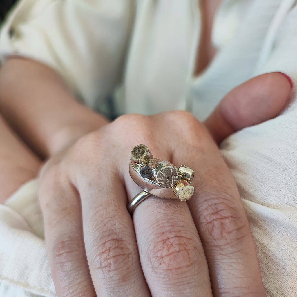 Close-up of a hand wearing a ring with gold and silver moveable pods on a white background