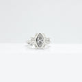 Silver ring with a large marquise shaped cubic zirconia on a  white background