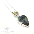 Jewelry pendant with lemon quartz and labradorite gemstone and silver chain on a white background, branded 'Elaine McKay Jewelry'.